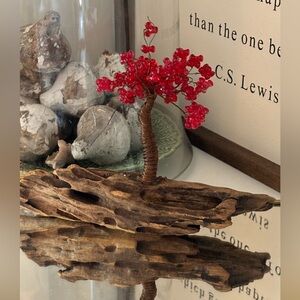 Vintage 70’s MCM Copper/Red Beaded “Money Tree” on Driftwood. Red/EUC/6” Tall.